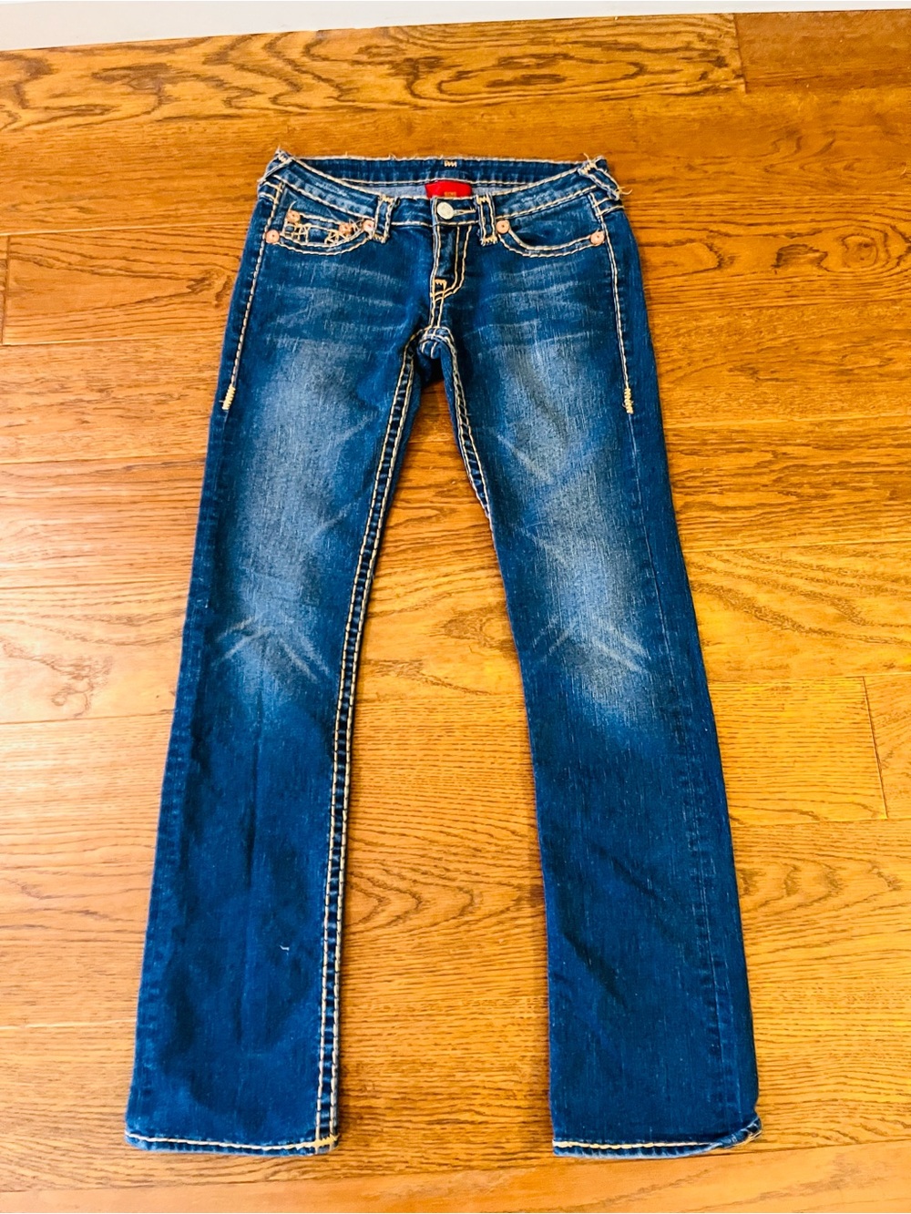 Y2K True Religion Dark Blue Denim Bootcut Jeans with Gold Stitching - Picture 2 of 7